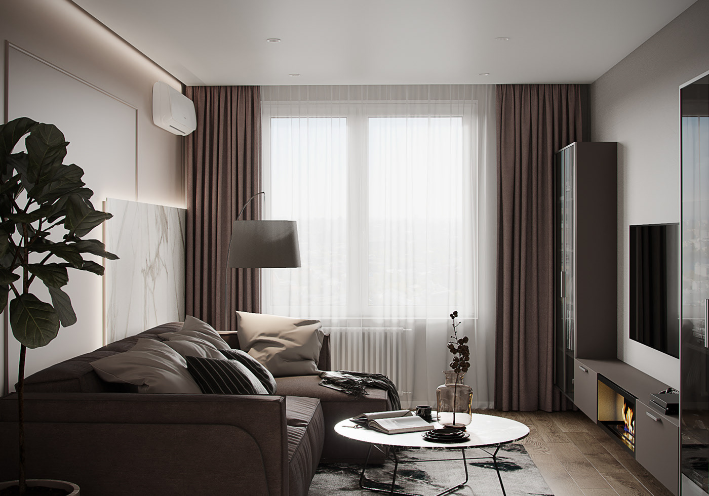Phòng khách trong căn hộ 54m2. Phòng khách màu xám cạnh cửa sổ, sofa màu xám lớn, bàn trà hình tròn đặt trên thảm.